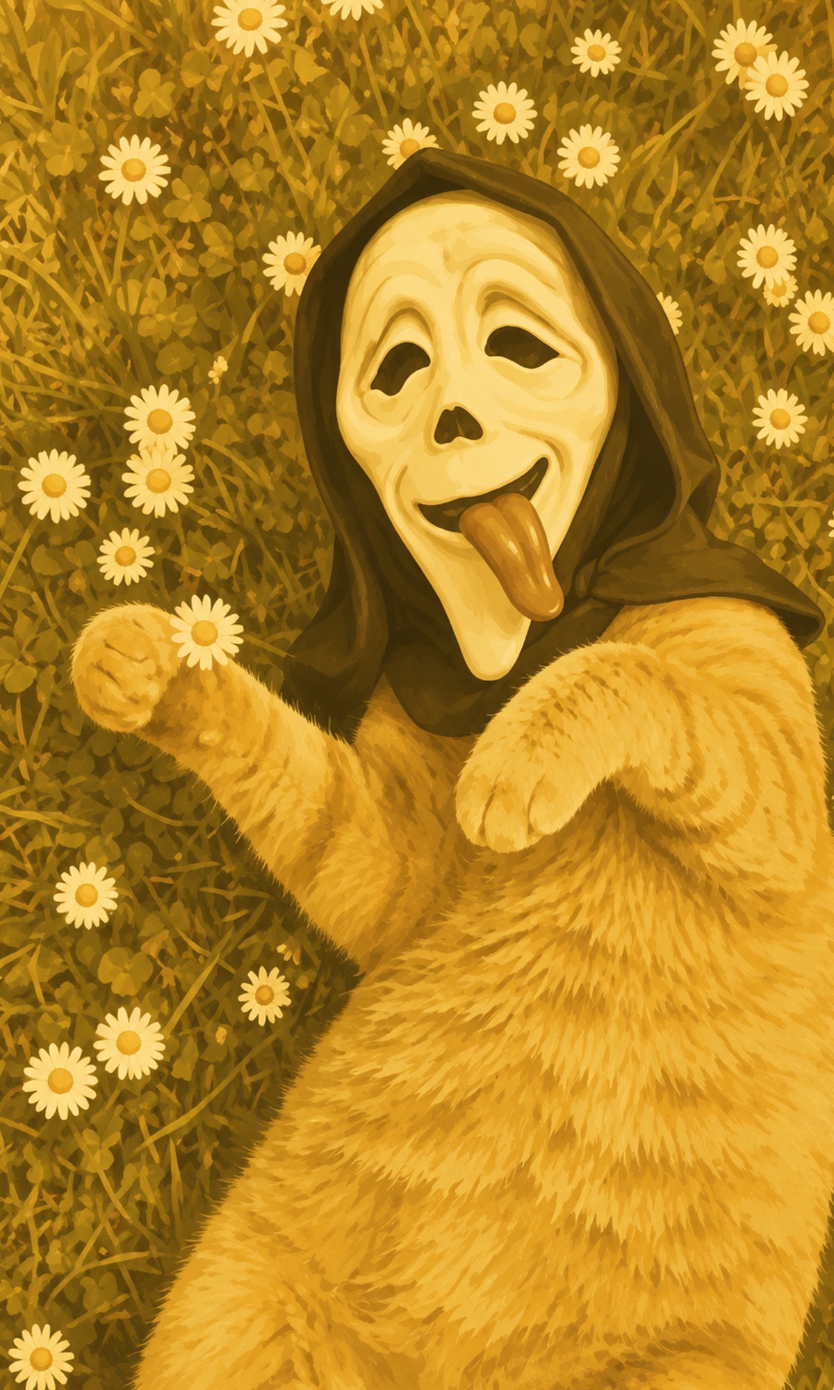 Cate Wif Mask lying in a field of daisies wearing a ghost mask