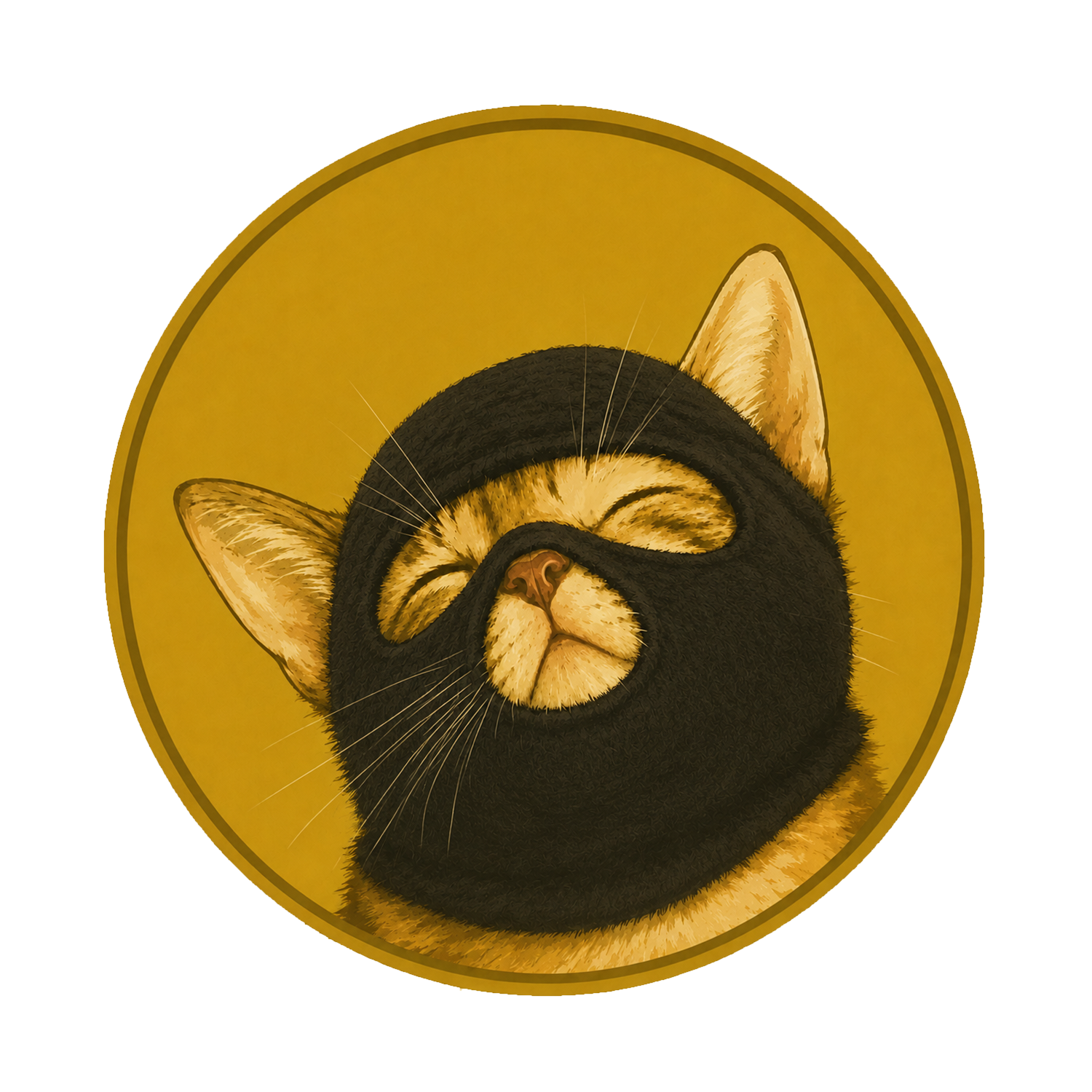 Cate Wif Mask — ginger cat wearing a black balaclava on a gold coin